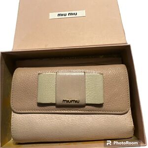 MIU MIU light pink madras bow authentic zip around wallet 10card slots 3 s coin